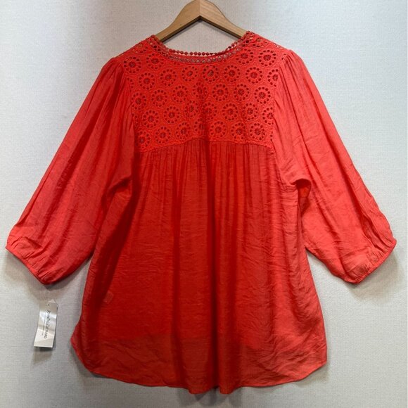NWT John Paul Richard Peasant Blouse Large Coral Boho Casual Top Crochet Eyelet - Picture 9 of 13
